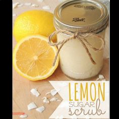 lemon sugar scrub in a glass jar next to sliced lemons