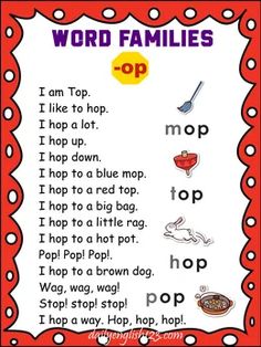 a poster with words that say word families to help children learn how to read them