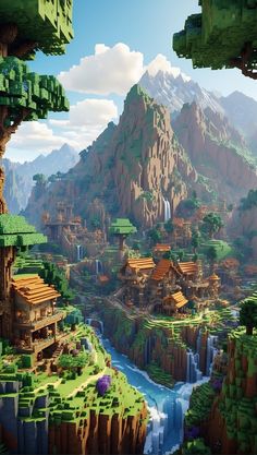 an image of a mountain town in the middle of a valley with waterfall and houses