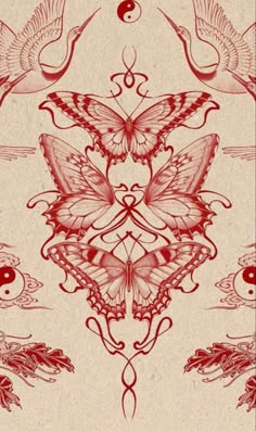 a red and white wallpaper with butterflies on it