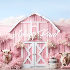 two cows sitting in front of a pink barn with flowers on the door and happy paul written above it