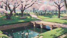 a painting of a park with trees and flowers on the ground, water in the foreground