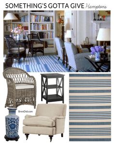 a living room with blue and white furniture, striped rugs and bookshelves