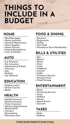 an info sheet with the words things to include in a budget checklist on it