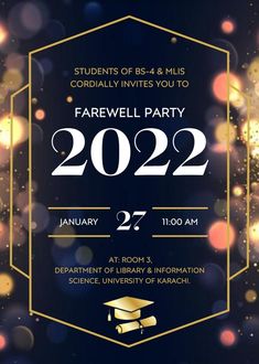 a graduation party flyer with gold and blue lights on the dark background, which reads farewell party