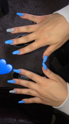 Blue Nails With One Glitter Nail, Blue Glitter Nails With Rhinestones, Medium Square Acrylic Nails Simple Blue, Blue And Glitter Acrylic Nails, Blue Dip Nail Designs, Basic Blue Nails, Nail Ideas Acrylic Blue, Medium Blue Nails, Pretty Blue Nails Acrylic