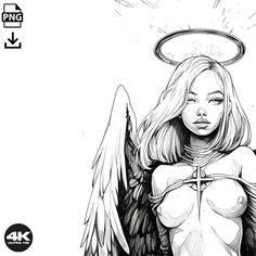 a black and white drawing of a woman with angel wings on her chest holding a cross