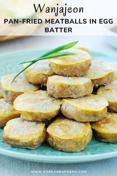 a plate full of fried meatballs in egg batter on a table with text overlay