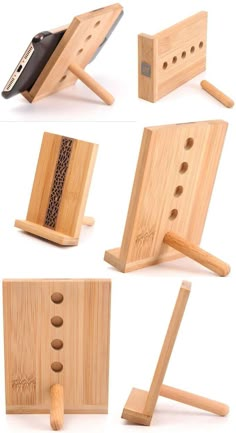 four different views of the same wooden device holder with buttons and holes on each side