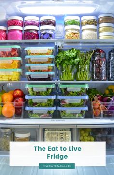 an open refrigerator filled with lots of food and containers full of vegetables, fruits and veggies