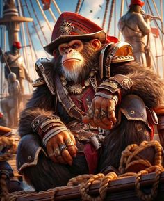 a monkey sitting on top of a boat in front of other people wearing pirate gear