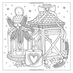 a coloring page with a lantern and christmas decorations