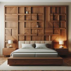 a large bed sitting in the middle of a bedroom next to a wooden headboard