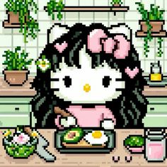 an image of a hello kitty eating food in the kitchen with sushi and avocado