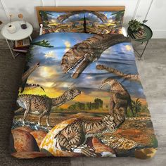 a bed with dinosaurs on it in a room