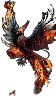 a bird that is flying through the air with fire on it's wings and tail