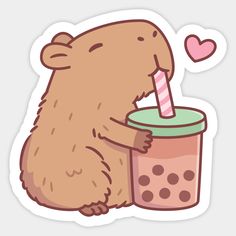 a brown bear drinking from a cup with a straw in it's mouth and a heart shaped sticker on the side