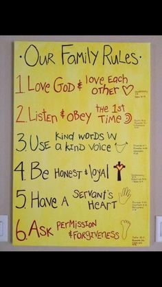 a yellow sign with words written on it that read our family rules love god, love each other