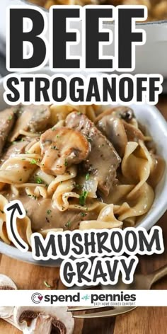 beef stroganoni with mushroom gravy in a white bowl