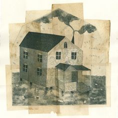 a drawing of a house with a tree growing out of it