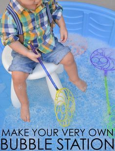 a toddler sitting on a toy boat in a pool with the words make your very own bubble station