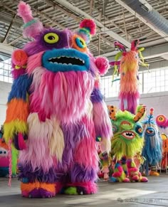 several brightly colored monster costumes are lined up