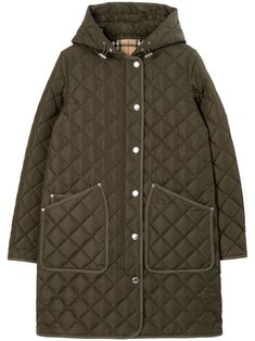 khaki quilted embroidered logo to the front signature Equestrian Knight motif contrasting border locker loop Vintage Check-pattern lining drawstring hood front press-stud fastening long sleeves two front patch pockets straight hem Quilted Long Coat, Long Quilted Coat, Khaki Coat, Burberry Outfit, Burberry Jacket, Green Coat, Quilted Coat, Long Jacket, Hooded Coat