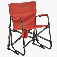 an orange folding chair with wheels is shown