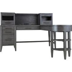 an office desk with two drawers and a shelf on the top, in grey wood