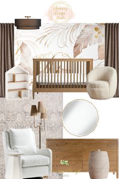 The nursery we designed for Ally combines modern charm with a twist of enchanting warmth.We started the design by setting a stunning stage with a mural showcasing watercolor tropical leaves kissed with a glamorous gold effect.