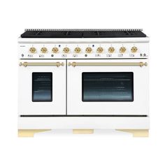 a white stove with two ovens on it's sides and gold knobs