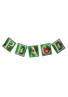 the word peace spelled out with apples and pears on a green banner that says peace