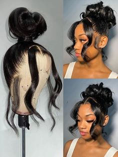 Lace Front Wig Updo Black Women, Up Do With Weave Hairstyles, Lace Front High Ponytail, Up Dos For Wigs, Genie Ponytail Weave With Two Bangs, Cute Wedding Hairstyles Black Women, Elegant Protective Hairstyles, Updue Hair Styles For Black Women, Up Dos For Black Women Hair Updo