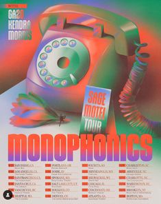 an old phone with the words monophonnics on it, in red and green