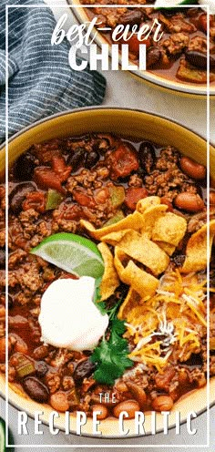 two bowls filled with chili and tortilla chips