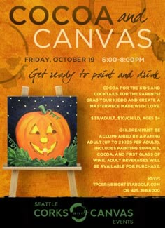 an advertisement for cocoa and canvass featuring a jack - o'- lantern pumpkin