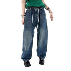 Bring a blast from the past with our medium wash baggy jeans from the 2023 Autumn Collection! These 90s-style jeans embody the grunge movement and offer chic comfort with a whole lot of attitude.Why They're Your Next Wardrobe EssentialThis relaxed-fit denim masterpiece features a high-waist with drawstrings closure. so you can look stylish and stay comfortable. The distressed pattern captures a raw. unfiltered essence. while the zipper & button duo provides functionality and flair. Plus. it's ma 90s Style Jeans, The 90s Fashion, Slouchy Jeans, Autumn 2023, 90s Vibes, Autumn Collection, Street Style Trends, 2023 Autumn, 2023 Collection