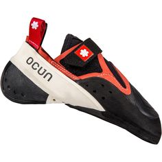 a pair of black and red shoes with the word ocun written on them