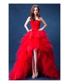 Shop affordable red ball-gown strapless high low wedding dress with cascading ruffles online. Custom-made any size or color. Pro since 2009. Tulle Ruffle Wedding Dress, Asymmetrical Wedding Dress, Red Ball Gowns, Crystal Prom Dress, Wedding Dresses High Low, Red Ball Gown, Red Bridal Dress, Dress High Low, Wedding Dress Sash