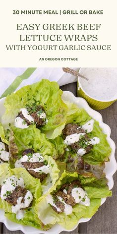 lettuce wraps with yogurt garlic sauce in a white bowl on a wooden table