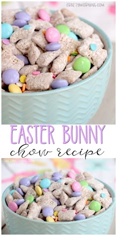 easter bunny chow recipe in a blue bowl with the words, easy and fun to make