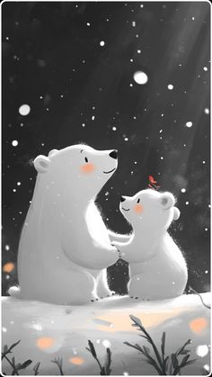 two polar bears are standing in the snow with their noses to each other as if they were looking at something