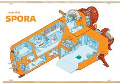 an orange and white drawing of a space station with the name spora on it