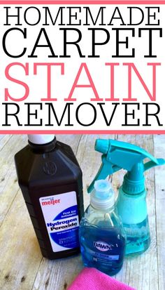 homemade carpet stain remover and cleaning products on a wooden floor with text overlay