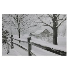 a snowy scene with christmas lights on the fence