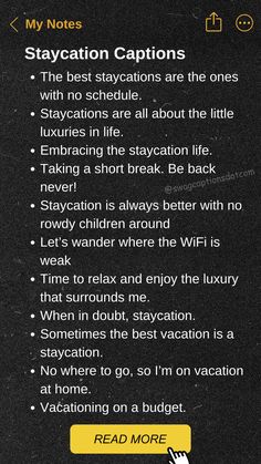 an iphone screen with the text staycation captions in black and yellow on it