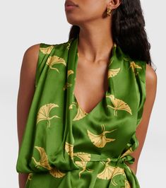 Printed silk satin wrap dress in green - Dries Van Noten | Mytheresa Chic Silk Dress With Satin Finish For Spring, Silk Wrap Dress For Summer, Summer Silk Wrap Dress For Party, Green Silk Evening Dress, Chic Silk Dress With Satin Finish And V-neck, Spring Silk Dress With Satin Finish, Summer Silk Wrap Dress, Summer Satin Wrap Dress, Chic Summer Silk Wrap Dress