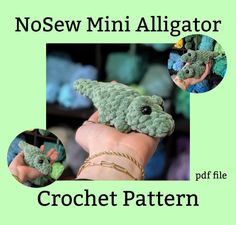 a crochet pattern for a small alligator that looks like it is holding something in its hand