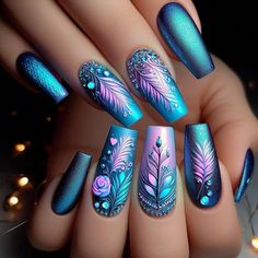 Paisley Nails Design, Boho Nails Designs Bohemian, Teal Color Nails, Paisley Nails, Peacock Nail Designs, Galaxy Nail Art