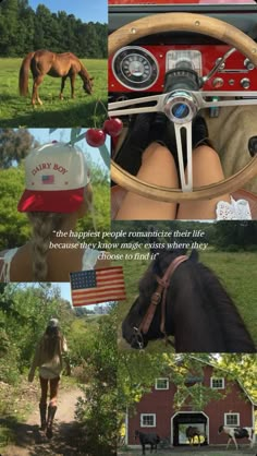 a collage of photos with horses and people in the background, including a horse wearing a hat